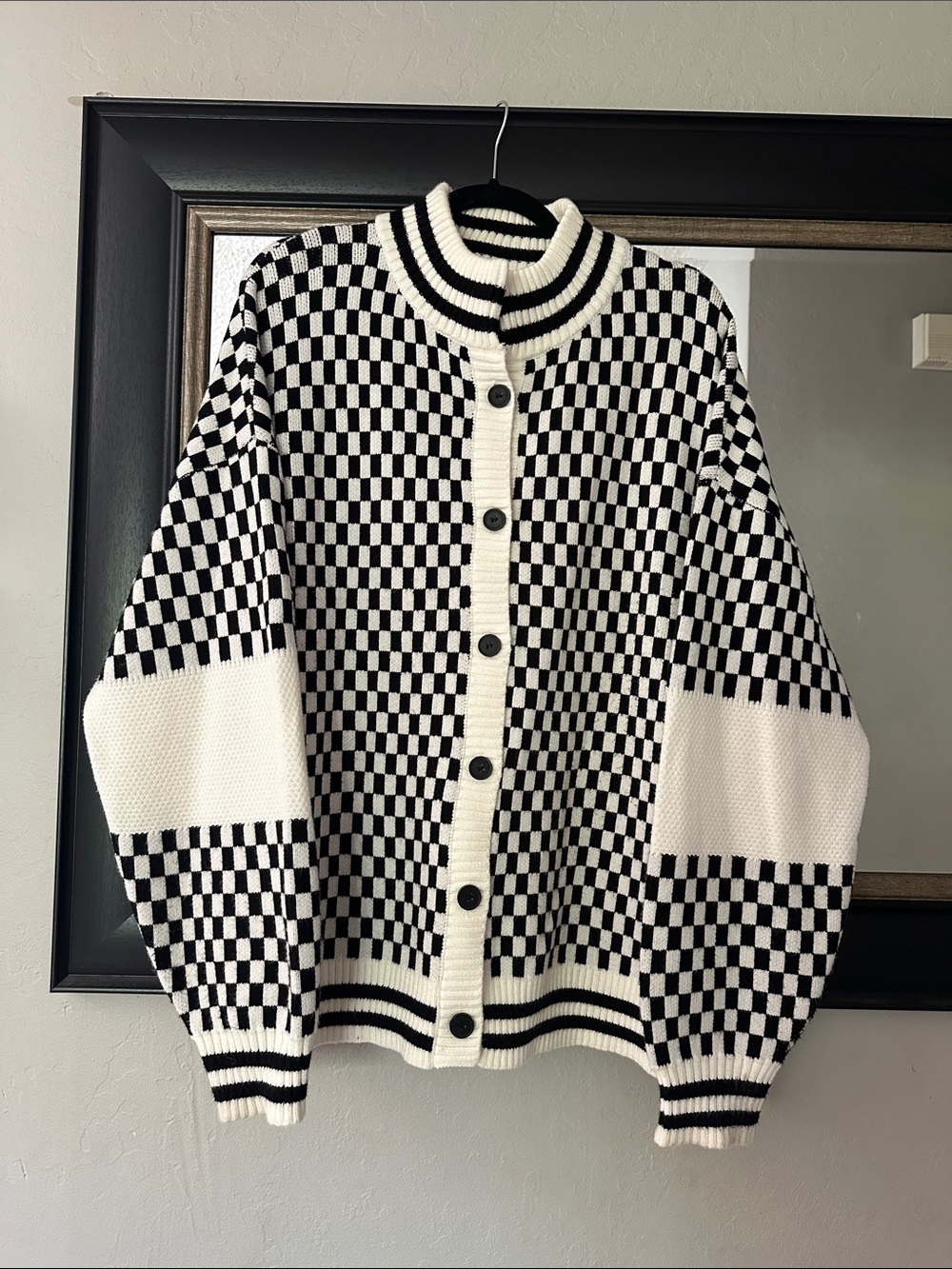Dressed in LALA Womens Black & White Checker Knit Oversized Cardigan Sweater